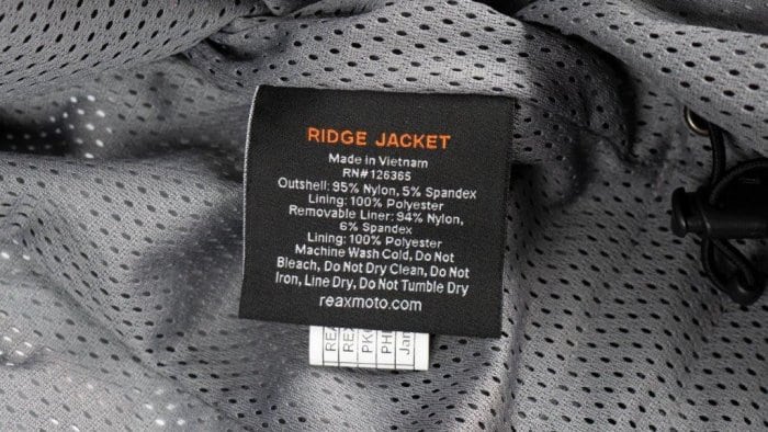 REAX Ridge Textile Jacket Interior Tag Information