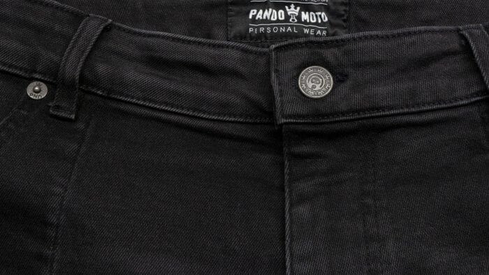 Pando Moto Karl Devil Motorcycle Riding Jeans Closeup of Button Closure and Waist