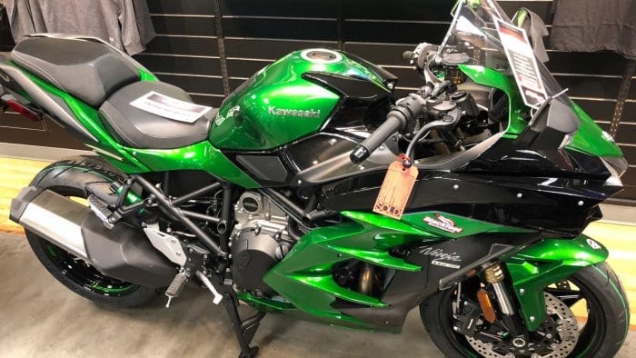 2018 Kawasaki Ninja H2SXSE on the showroom floor at Blackfoot Motosports in Calgary, Alberta.
