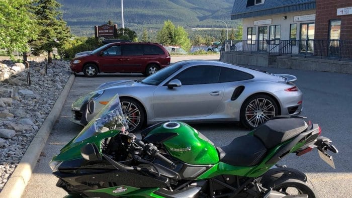 2018 Kawasaki Ninja H2SXSE in Canmore, Alberta with Three Sisters Mountains.