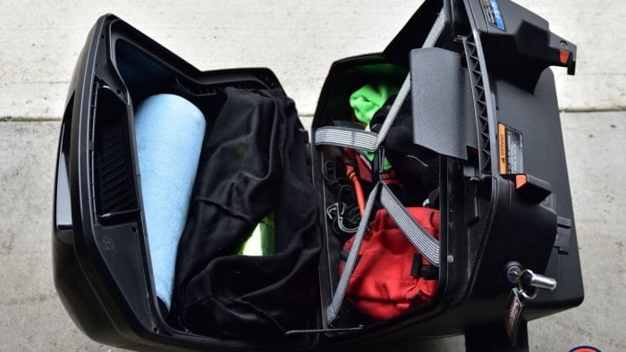 2018 Kawasaki Ninja H2SXSE luggage opened up and full of items.