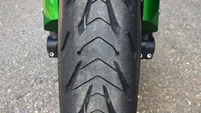 New Michelin Road 5 installed on the front of a Ninja H2SX SE.