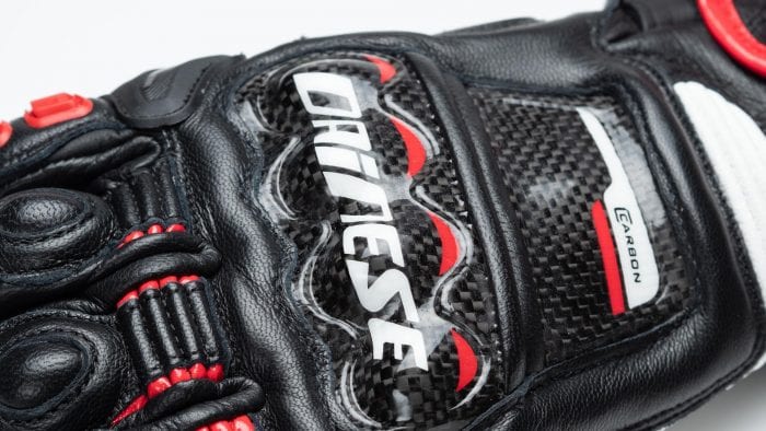 Dainese D1 Druid Long Gloves closeup of Dainese logo on back of hand