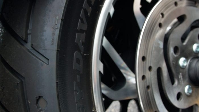 Rear tire on a 2018 Harley Davidson Sport Glide.