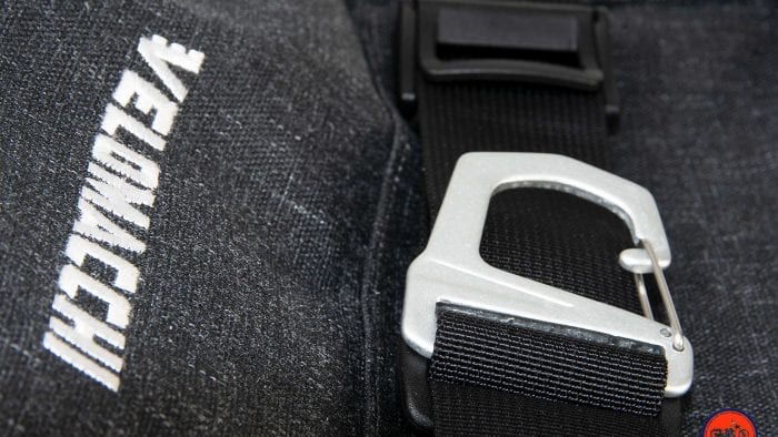 Helmet hook on the Velomacchi 40L Speedway Backpack.