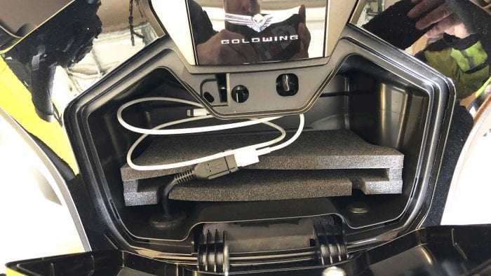 Honda Gold Wing DCT cell phone compartment.