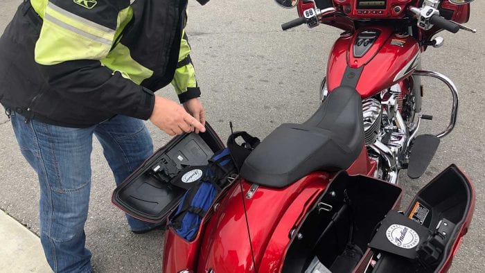 In the end, it’s still a win for the Chieftain for me. Greg: The locking mechanisms on both bikes are easy to use but the top opening Chieftain bags are way easier to pack into than the side opening Honda bags. With the Honda it’s almost a game - hold your stuff in with your hand then close the door faster than gravity can steal away your socks. Both systems will work better with a bag liner but the Chieftain is simply a better system.