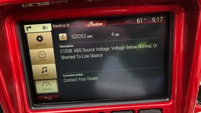 Trouble codes on the Indian Chieftain display screen.