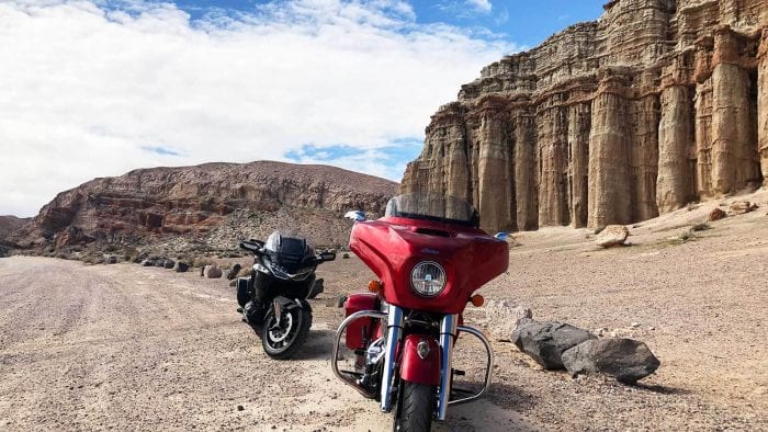 Red Rock Canyon and the Honda Gold Wing DCT and Indian Chieftain Limited.