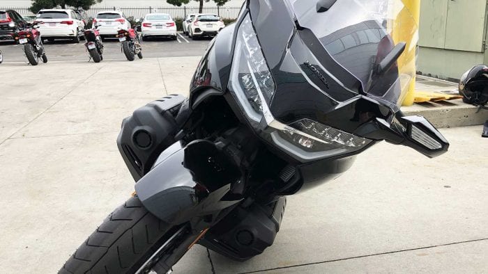 Honda Gold Wing DCT resting on the frame sliders.