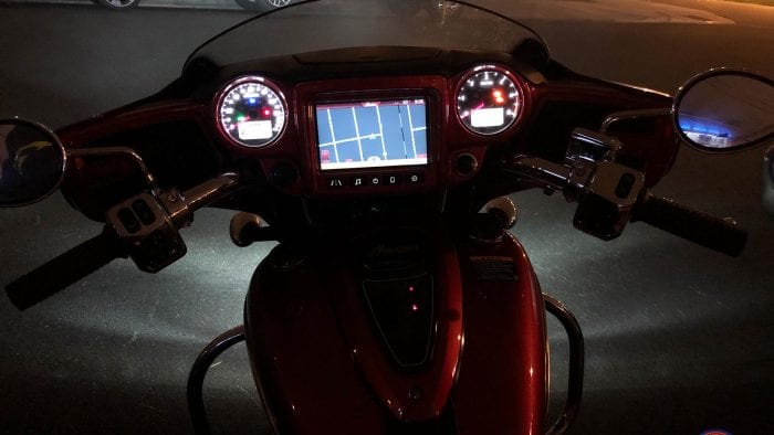Indian Chieftain Ltd gauges at night.
