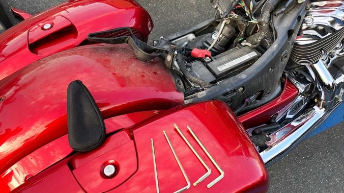 Indian Chieftain Ltd tool kit and seat removed.