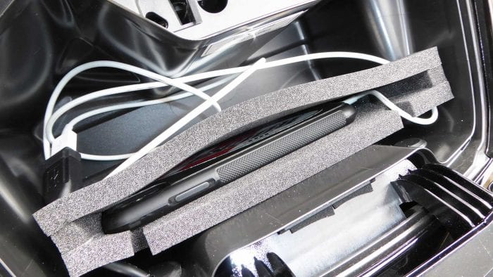 Honda Gold Wing DCT cell phone compartment with iPhone X in it.