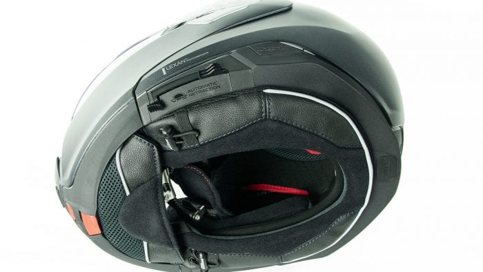 Bottom view of the Nolan N100-5 helmet with N-Com B901L installed.