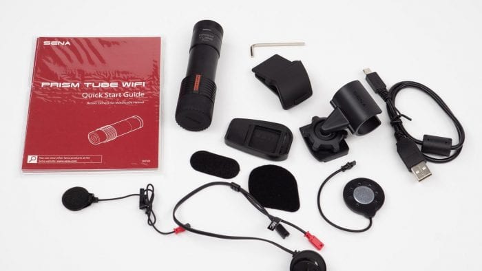 Sena Prism Tube WiFi Action Camera, accessories, & quick start guide