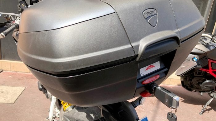 2019 Ducati Multistrada 1260S tour pack with key in the lock.