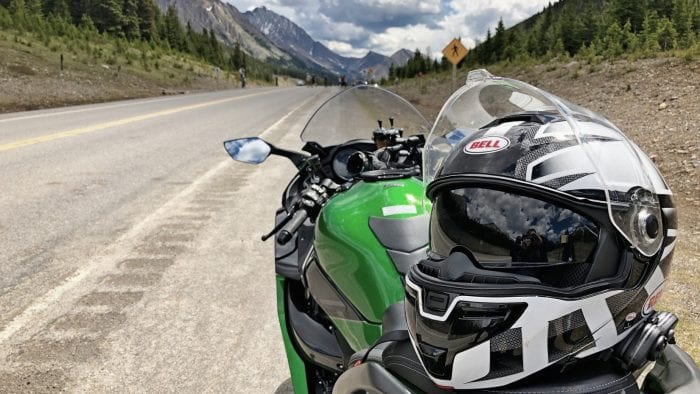 Bell SRT Modular helmet sitting on a Kawasaki H2SX SE.