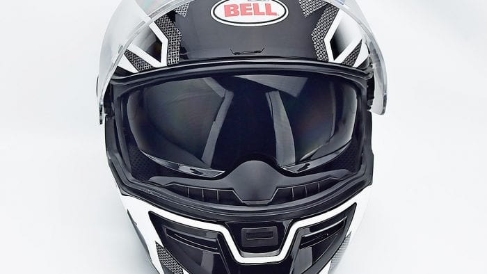 Bell SRT Helmet with sun visor lens lowered.