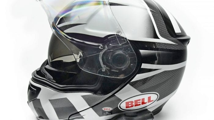 The Bell SRT Modular side view with Lexin FT4 bluetooth.