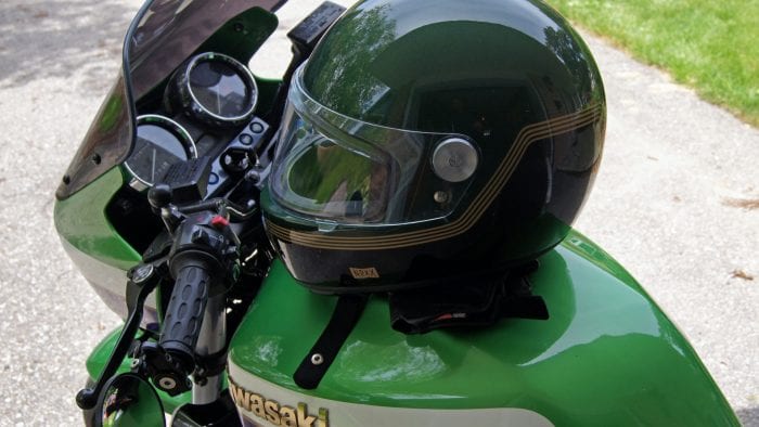 NEXX X.G100 Racer Motordrome Helmet side view on Kawasaki Bike
