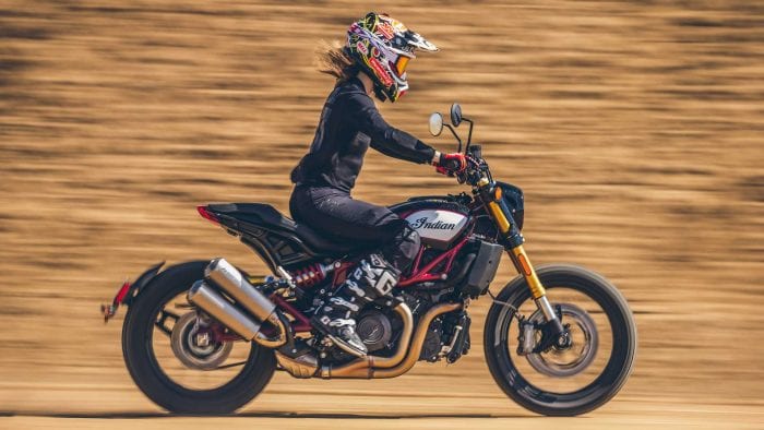 Vicki golden on an Indian FTR 1200 S at Evel Live 2