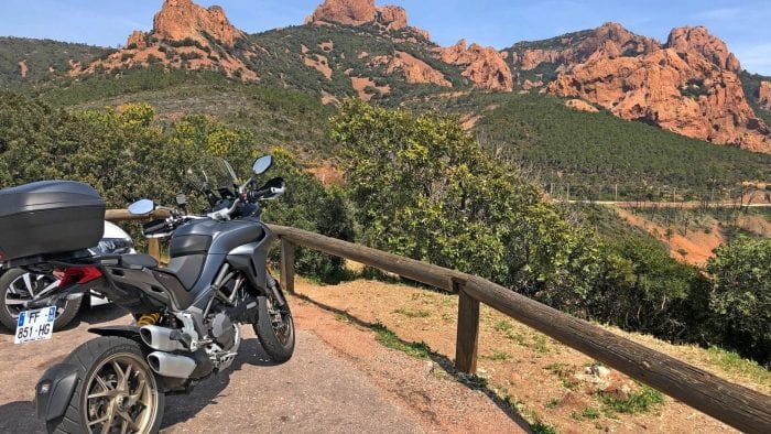 Red rocks in southern France with a Ducati Multistrada 1260S.