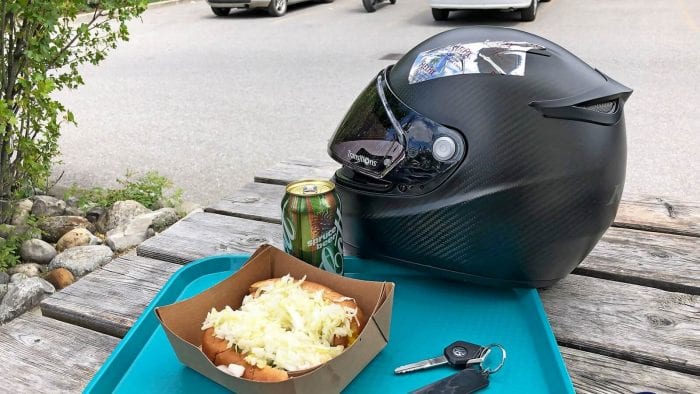 The Klim K1R helmet with two steamies, a spruce beer in Canmore, Alberta.