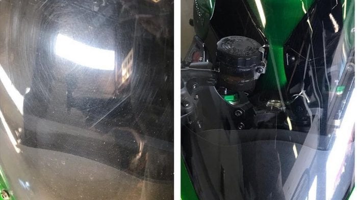 Before and after photo of my bike's windshield. Feynlab ceramic coating is on it now.