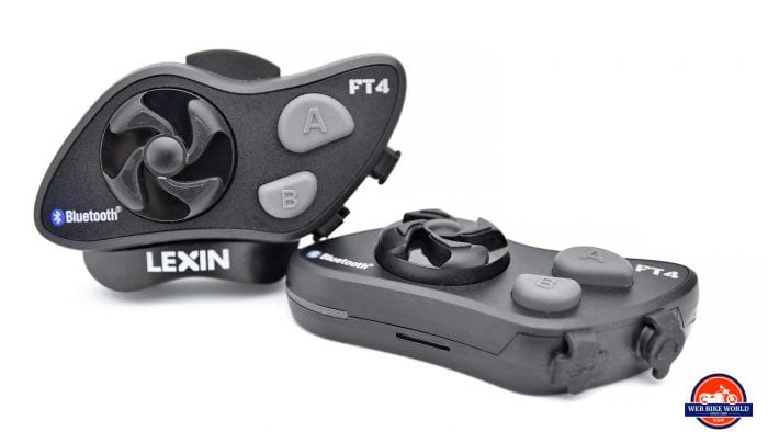 Two Lexin FT4 BlueTooth communication devices.