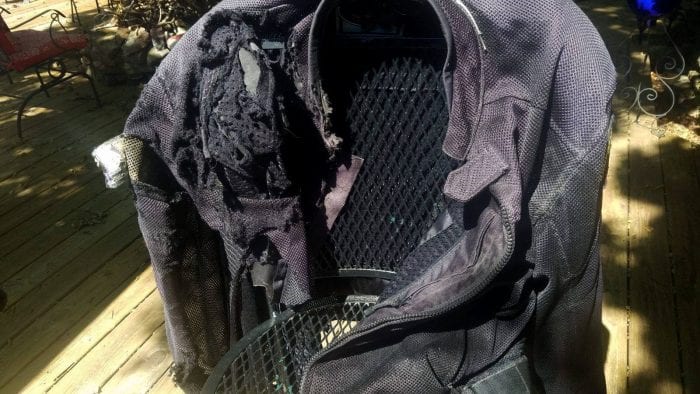 A destroyed mesh motorcycle jacket.