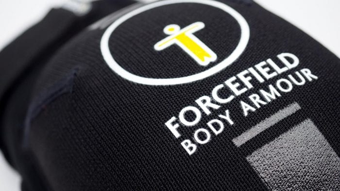 Forcefield AR Knee Protectors closeup of logo