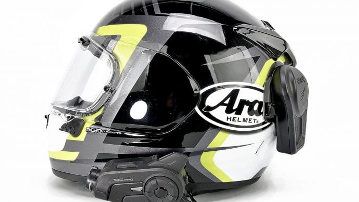 My Arai DT-X with a Sena 10C Pro and Domio Moto mounted on it.