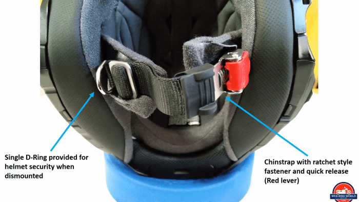 Shoei J-Cruise II, ratchet strap with Red quick release, single D-ring for securing helmet when dismounted, labelled