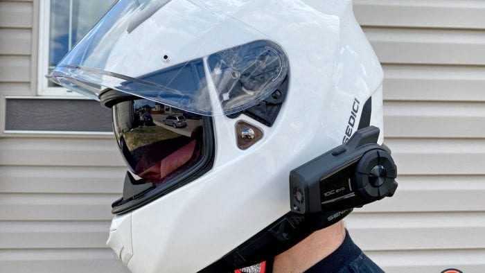 The Sedici Strada II helmet with a Sena 10C Evo installed on it.