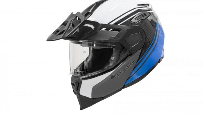 Black, white, and blue Touratech Aventuro Traveller helmet.