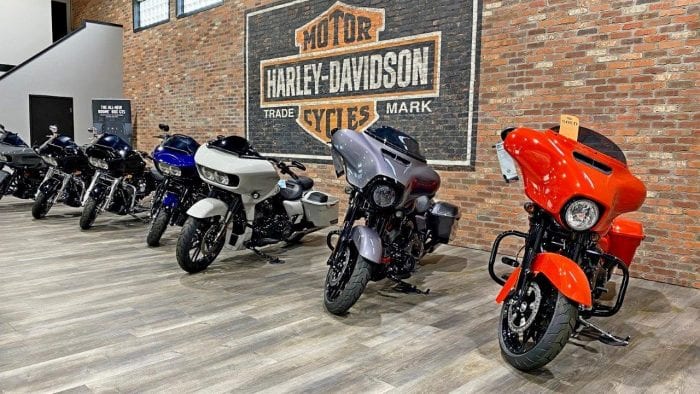 Harley motorcycles on display inside Calgary Harley Davidson.