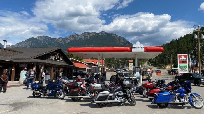 Motorcycles parked at a Petro Canada gas station in Radium, British Columbia.