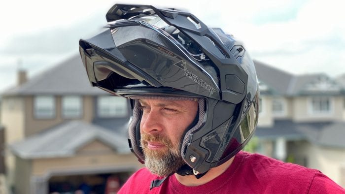 Rider wearing the Touratech Aventuro Traveller helmet.