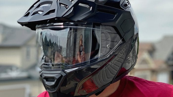 Touratech Aventuro Traveller Carbon helmet with closed visor.