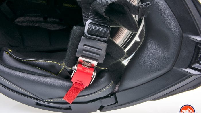 The micrometric chinstrap on Touratech Aventuro Traveller Carbon.