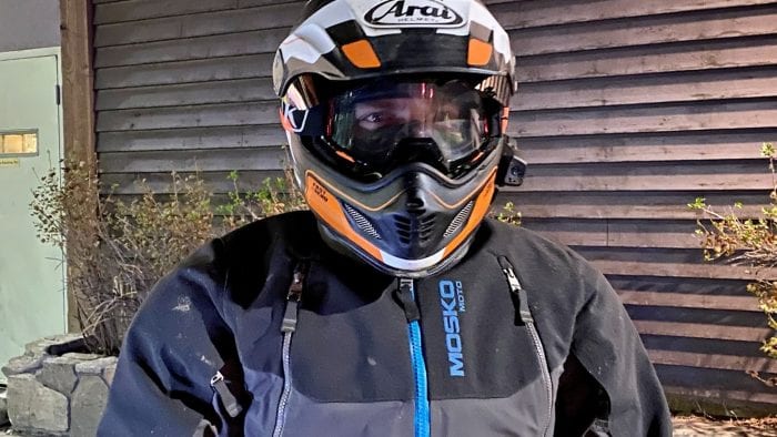 Jim Pruner wearing the Arai XD-4 with Klim Viper goggles and a Mosko Moto Basilisk jacket.