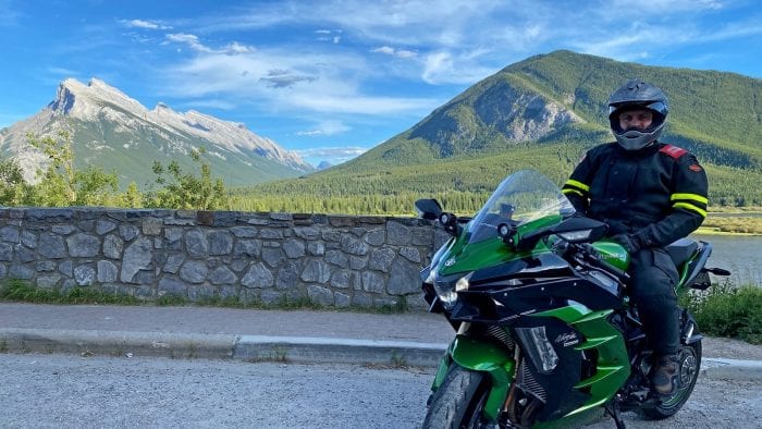 Me on my Kawasaki Ninja H2SX SE while wearing the Shoei Hornet X2 helmet near Banff, Alberta.