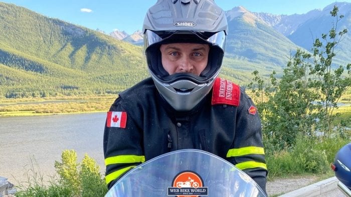 Jim Pruner wearing the Shoei Hornet X2 helmet and a Motoport USA jacket near Banff, Alberta.