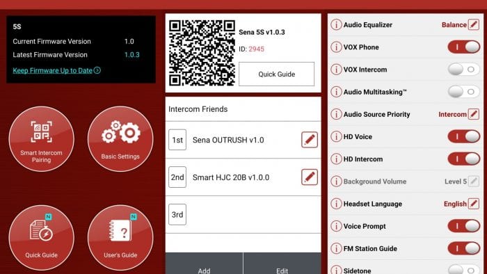 Sena 5S Bluetooth System software settings