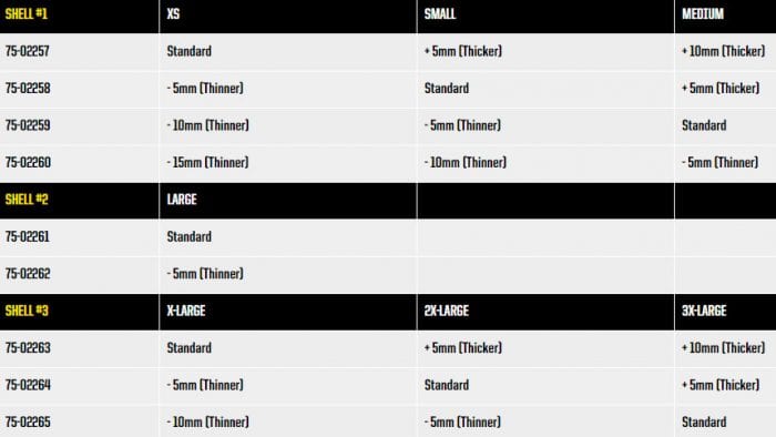 Size chart for Scorpion EXO R1 helmet