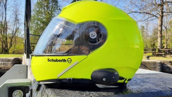 UClear AMPGo2 mounted on side of Schuberth C3 Pro helmet