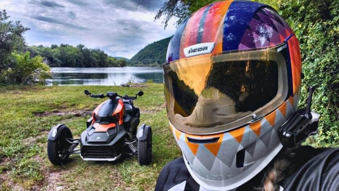 Rider taking selfie with Can-Am Ryker 900 Rally Edition