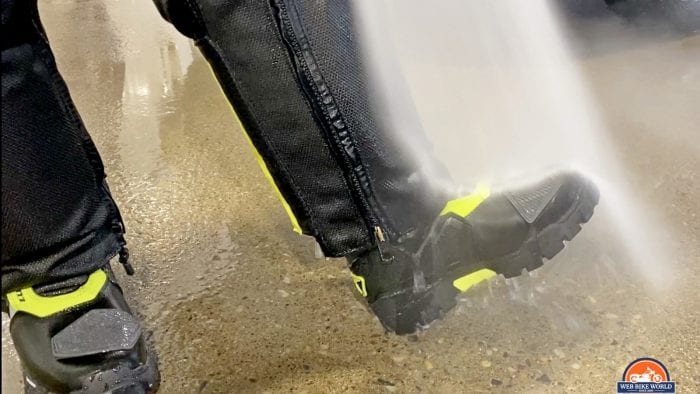 Using a pressure washer to simulate riding in the rain on my Klim Adventure GTX boots.