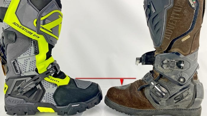This photo shows the significant height difference between the toe boxes on the Klim Adventure GTX and Sidi Adventure 2 Gore-Tex boots.