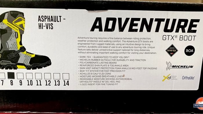 The list of features found on the side of the box for the Klim Adventure GTX boots.